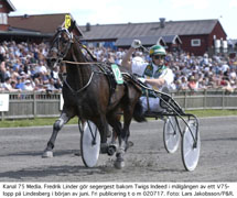 Jaaa! Fredrik Linder och Twigs Indeed vinner, nästan helt otippade, V75 på Lindesberg i juni.Foto: Lars Jakobsson / P&R