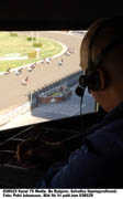 Bo Rydgren har god uppsikt över Solvalla när han refererar travloppen. Alla har hört hans röst, men få vet hur han ser ut.Foto: Petri Johansson.