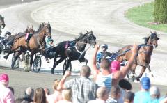 Sista kurvan i Elitloppsfinalen. Björn ser att Digital Ink galopperar och ger "Panne" luckan. Foto; A.Lindblom/Travkompaniet